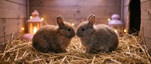 Two Baby Rabbits Touching Noses in Hutch