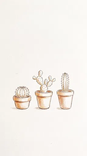 Minimalist Sepia Sketch of Three Potted Cacti