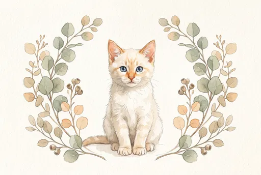 Watercolor Flame Point Kitten in Eucalyptus Wreath