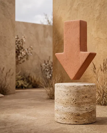 Floating Terracotta Arrow Over Stone Pedestal