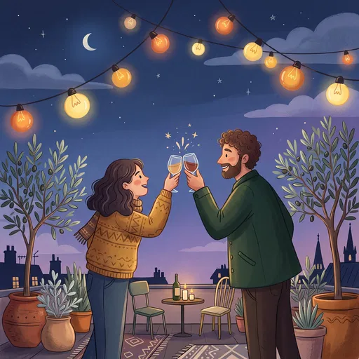 Couple Toasting on Rooftop Terrace Illustration