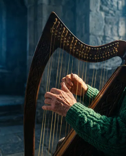 Older Hands Playing Carved Celtic Harp