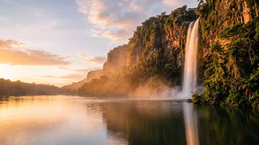Golden Hour Jungle Waterfall and Lagoon
