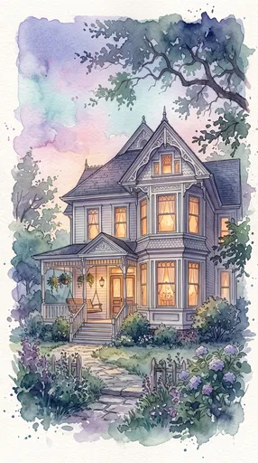Watercolor Illustration of Glowing Victorian House