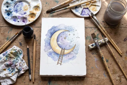 Watercolor Crescent Moon Illustration Flat Lay