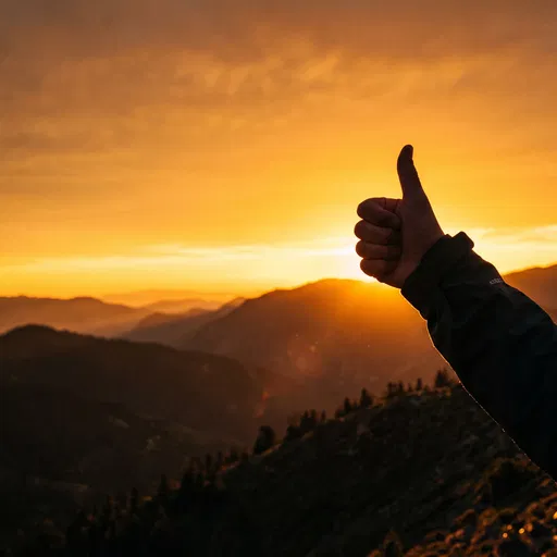 Silhouetted Hand Thumbs Up at Mountain Sunset