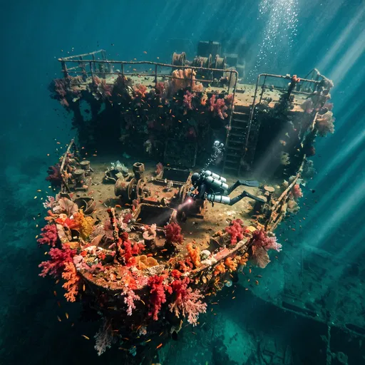 Scuba Diver Exploring Coral Covered Shipwreck