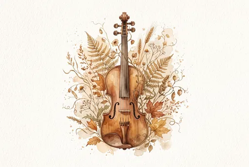 Watercolor Vintage Violin With Autumn Botanicals