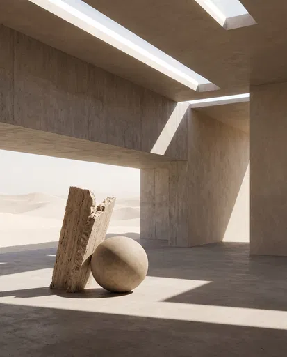 Concrete Pavilion With Travertine And Sphere