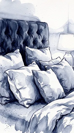 Indigo Watercolor Illustration of Bedroom Pillows