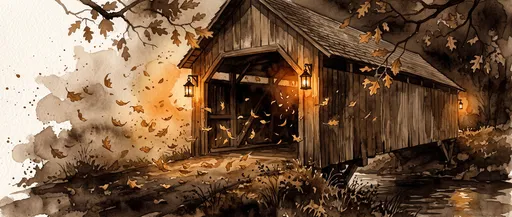Watercolor Covered Bridge in Autumn