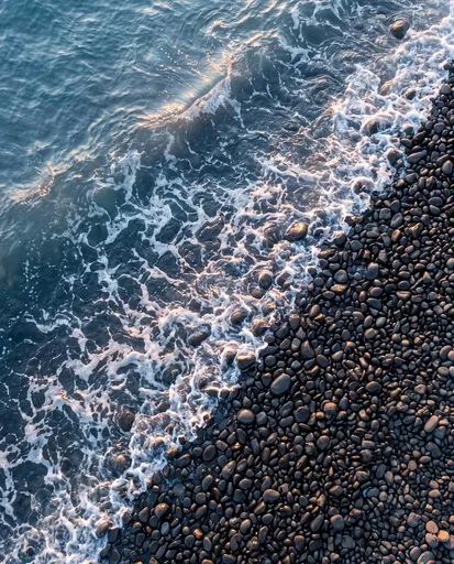 Aerial View of Waves on Dark Pebbles