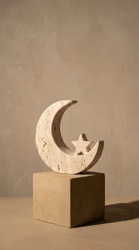 Travertine Crescent Moon and Star Sculpture