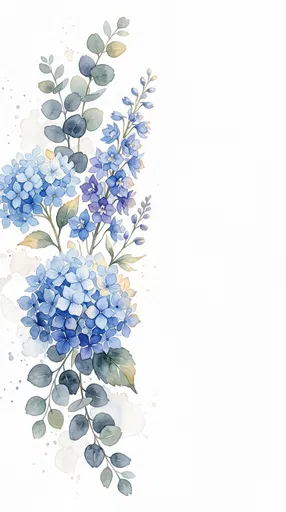 Blue Watercolor Hydrangea and Eucalyptus Floral Border
