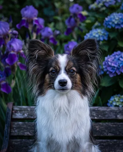 Papillon Dog Portrait in Flower Garden