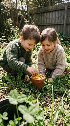 Children Finding Gold Coins in Garden
