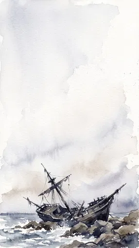Watercolor Pirate Shipwreck on Coastal Rocks