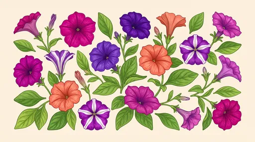 Botanical Illustration of Assorted Petunia Flowers