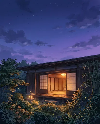 Traditional Japanese House at Twilight Illustration