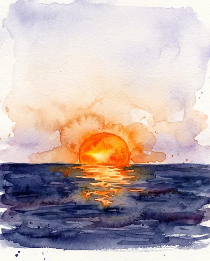 Watercolor Sunset Over Indigo Sea
