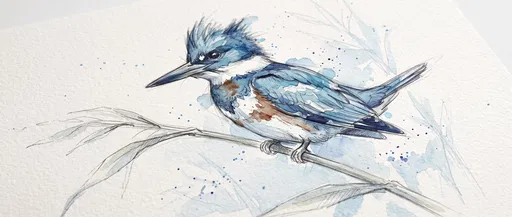 Watercolor and Graphite Belted Kingfisher Illustration