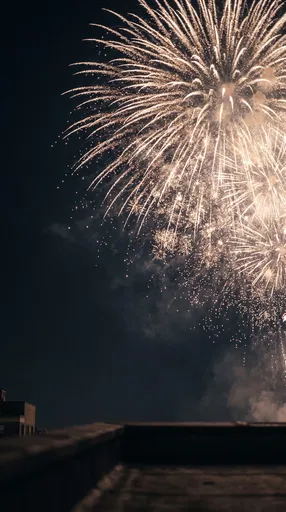 Golden Fireworks Over Dark Rooftop Ledge