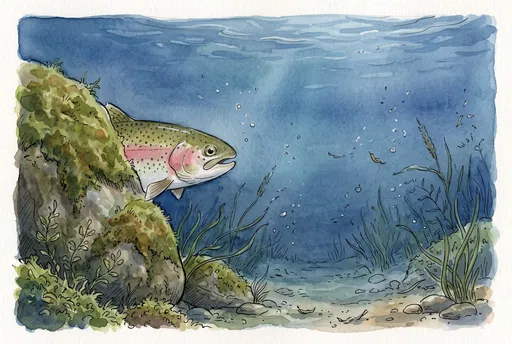 Watercolor Rainbow Trout Behind Mossy Rock