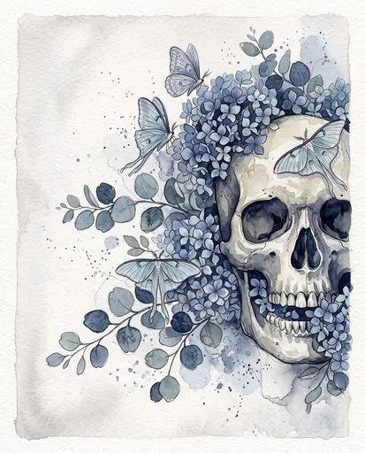 Watercolor Skull with Blue Hydrangeas and Moths