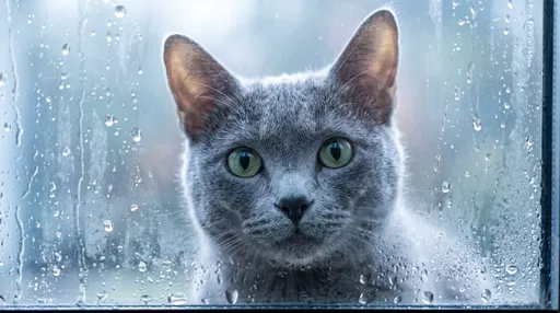 Grey Cat Looking Through Rainy Window