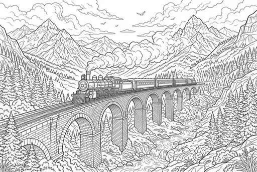 Steam Train Mountain Viaduct Coloring Page