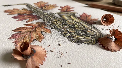 Colored Pencil Drawing of Saxophone and Leaves