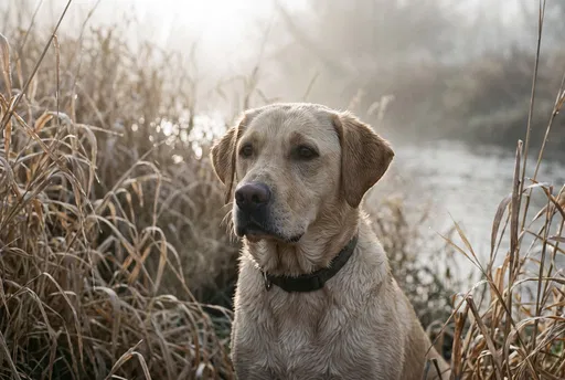 Yellow Labrador Retriever in Misty Riverbank Reeds