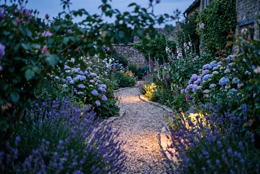 English Cottage Garden Pathway at Twilight