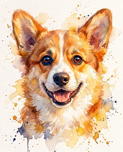 Watercolor Illustration of Smiling Corgi Puppy