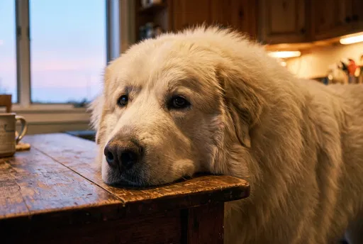 Great Pyrenees Resting Head on Table