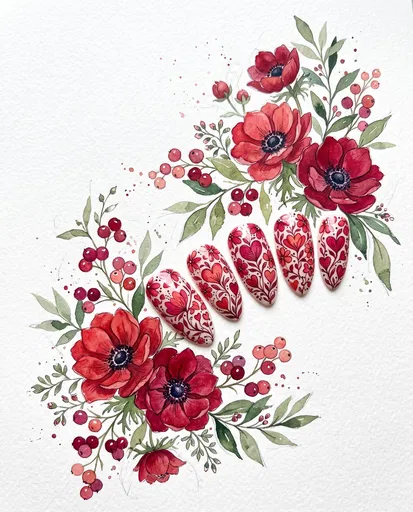 Watercolor Floral Valentine Nail Art Display