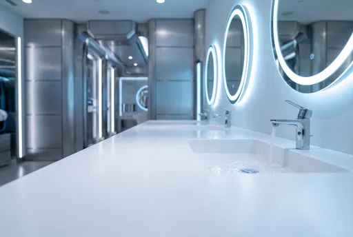Futuristic White Vanity Counter With Lit Mirrors