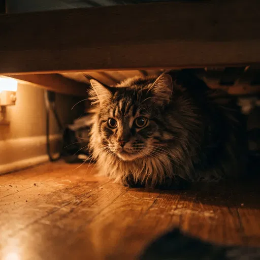 Fluffy Cat Hiding Under Wooden Bed