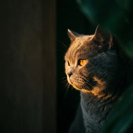 British Shorthair Cat in Dramatic Golden Light