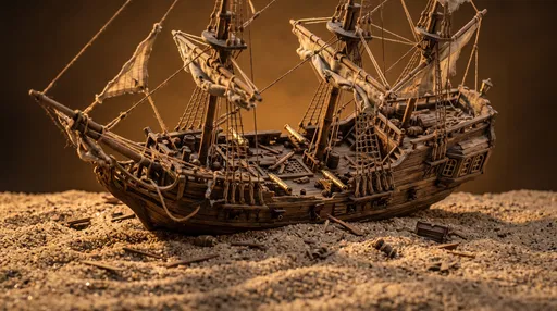 Miniature Wooden Pirate Shipwreck Model on Sand
