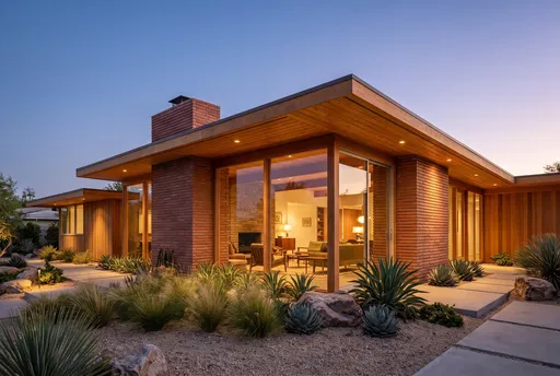 Mid-Century Modern Brick House at Twilight