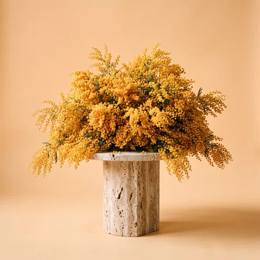 Yellow Mimosa Mound on Travertine Pedestal