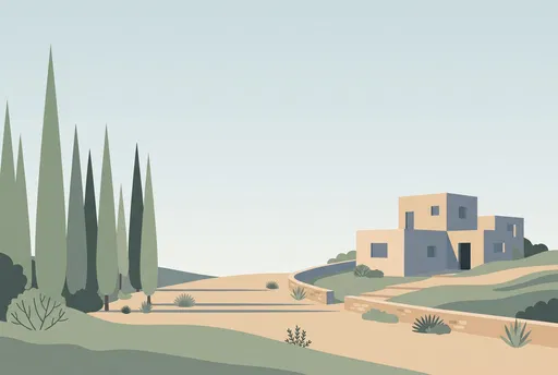 Minimalist Villa and Cypress Trees Illustration