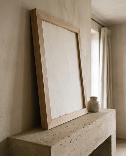 Wooden Picture Frame on Stone Mantel