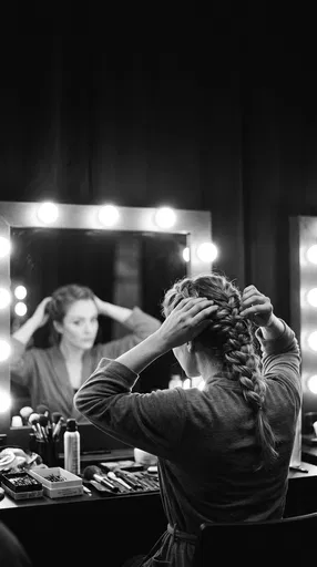 Woman Adjusting French Braid at Vanity Mirror