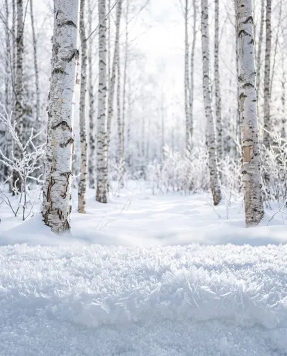 Snowy Birch Forest With Hoarfrost Ledge