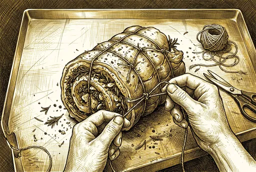 Ink Drawing of Tying a Stuffed Roast