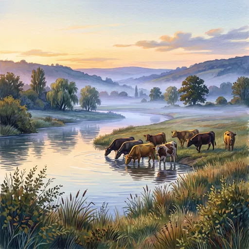 Gouache Illustration of Cattle by Misty River