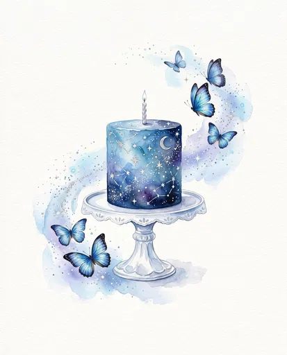 Watercolor Celestial Birthday Cake With Blue Butterflies