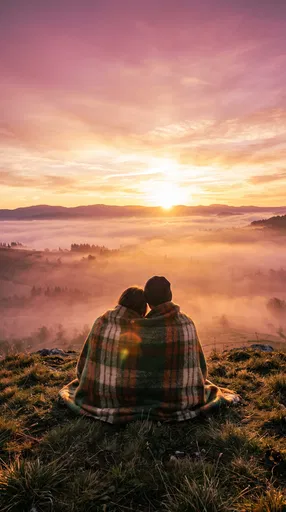 Couple Wrapped in Blanket Watching Sunrise